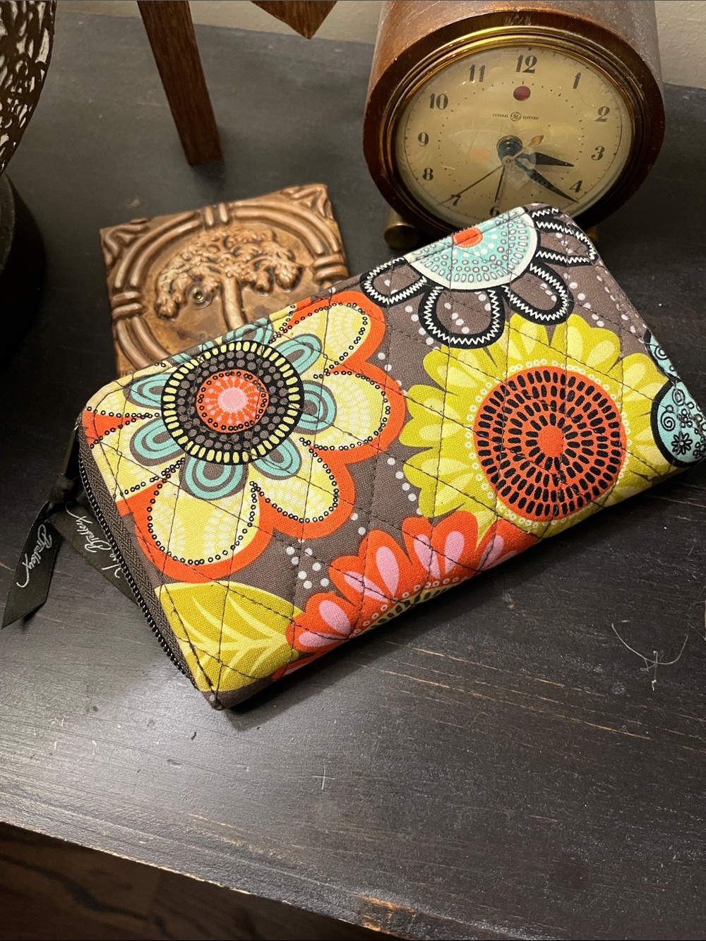 Vera Bradley Brown Floral Quilted Zip Wallet with Bright Multicolor Blooms